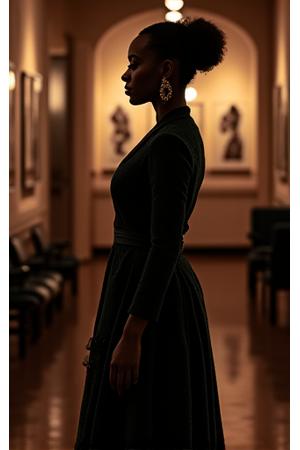 Person wearing an elegant heritage-inspired dress or formal tweed piece for an evening event