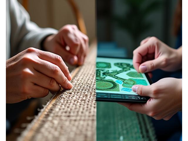 Split image showing one side a hand on a traditional loom, and the other side a modern textile designer working on a digital pattern, symbolizing technique and innovation