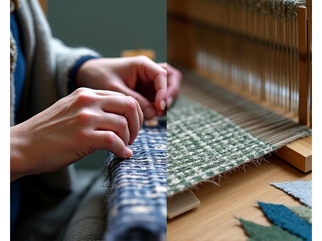 Close-up of a vintage loom weaving traditional British tweed, with modern textile swatches overlaid