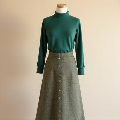 Modern cut tweed skirt in a muted, sophisticated pattern, paired with a contemporary knitwear