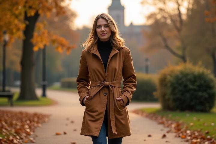 A person wearing a stylish, ethically sourced wool coat walking through a vibrant, leaf-strewn park in Manchester, showcasing warmth and sustainability.